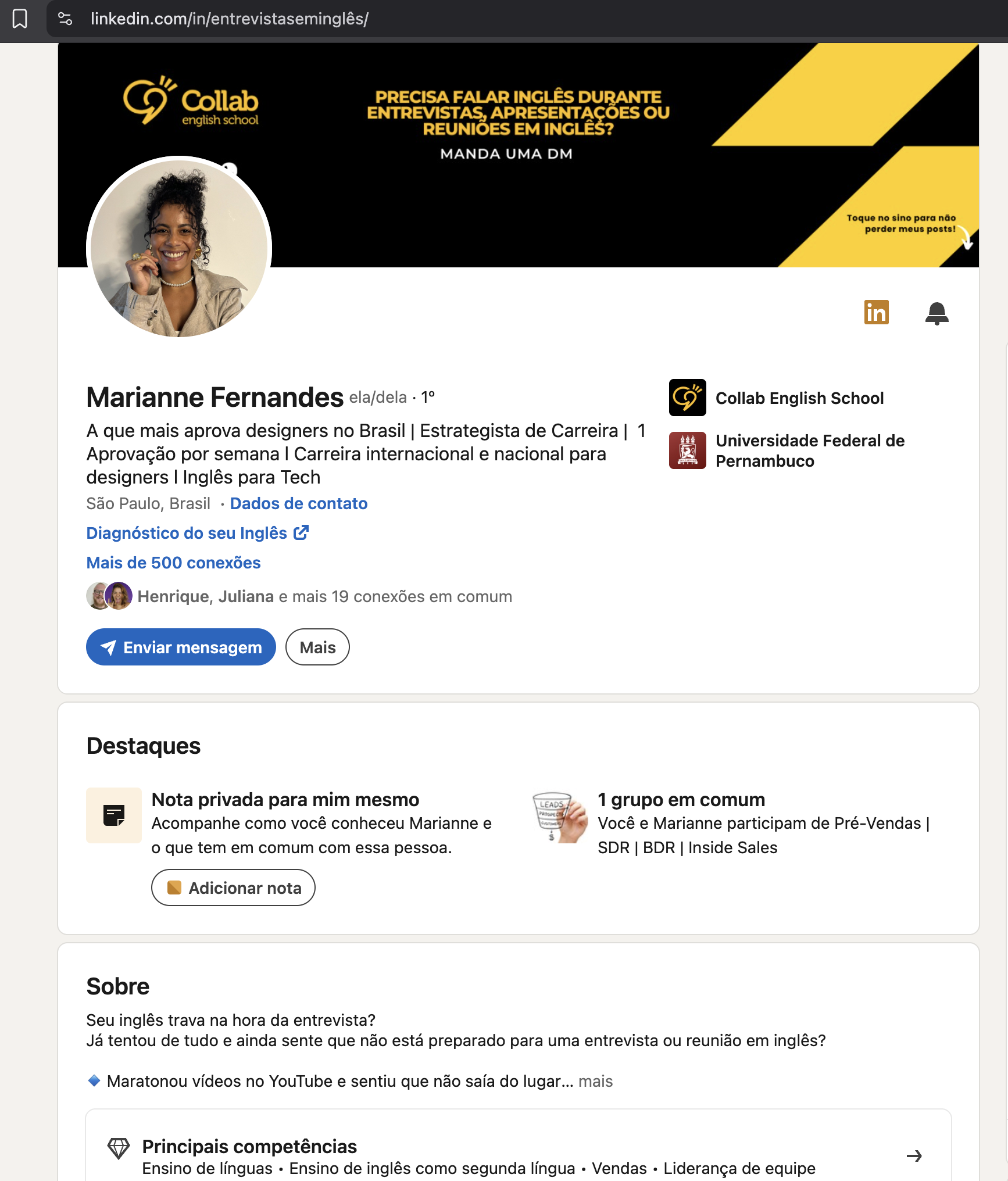 Perfil de Marianne Fernandes no LinkedIn